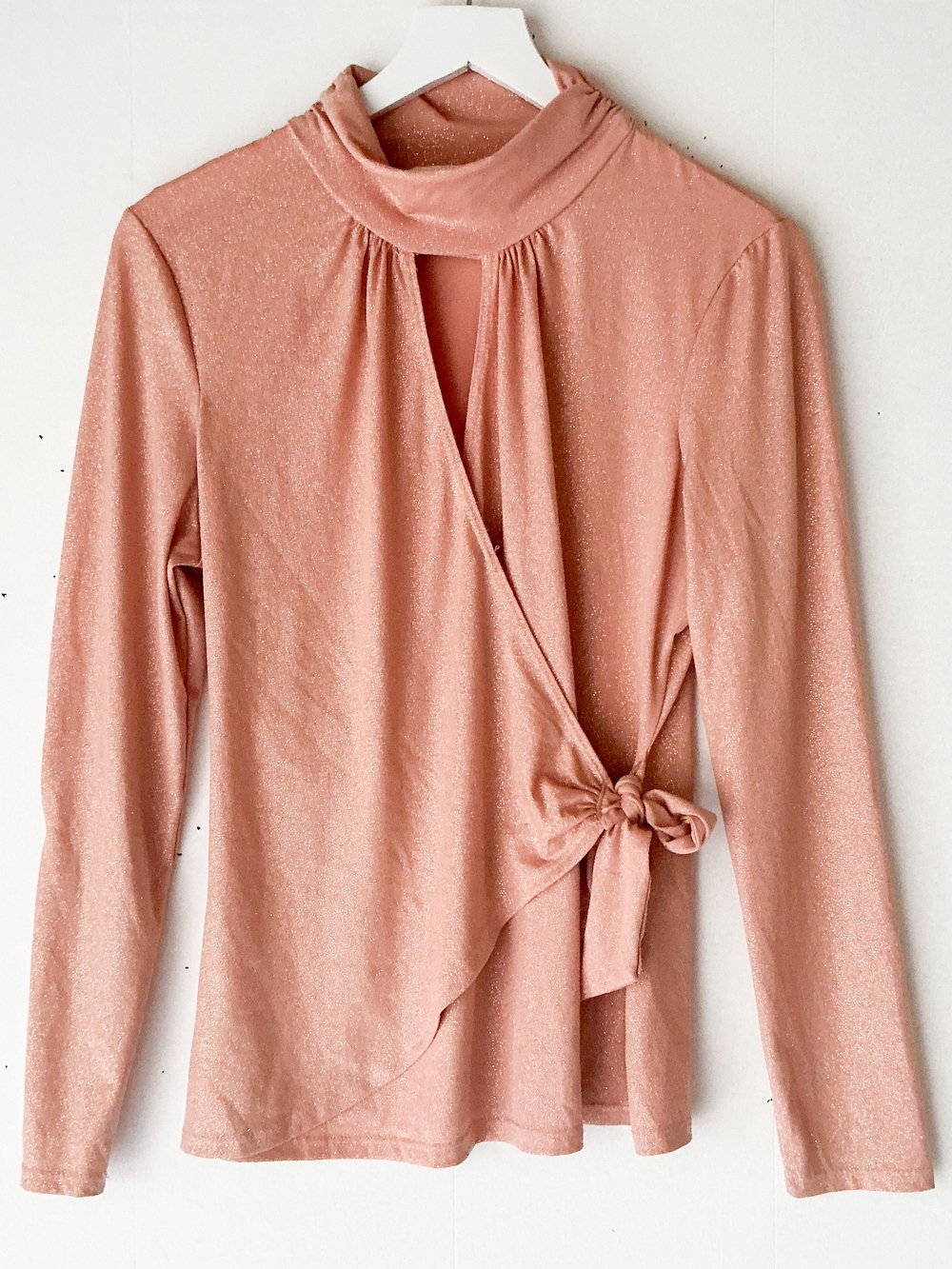 Boston Proper Pink Metallic Shimmer Mock Neck Tie Front Party Top Size M